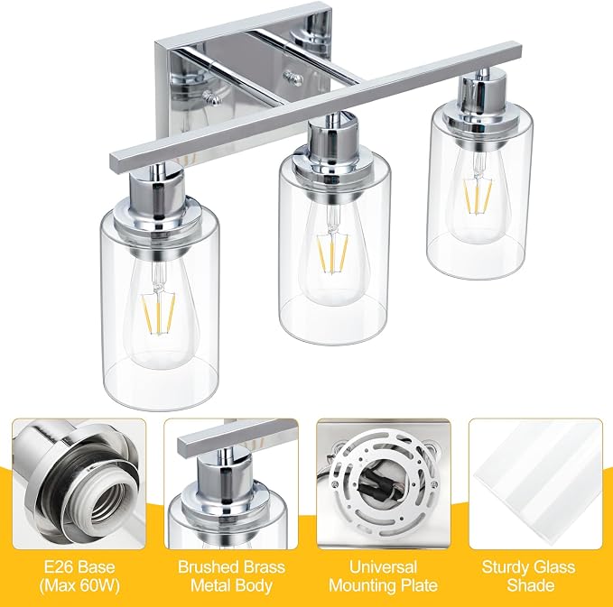 3 Light Vanity Light Fixtures, Polished Chrome Bathroom Wall Sconces, Modern Wall Lights with Clear Glass Shades, Bathroom Wall Lamp over Mirror Kitchen Bedroom Living Room Hallway Cabinet Porch