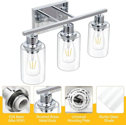 3 Light Vanity Light Fixtures, Polished Chrome Bathroom Wall Sconces, Modern Wall Lights with Clear Glass Shades, Bathroom Wall Lamp over Mirror Kitchen Bedroom Living Room Hallway Cabinet Porch