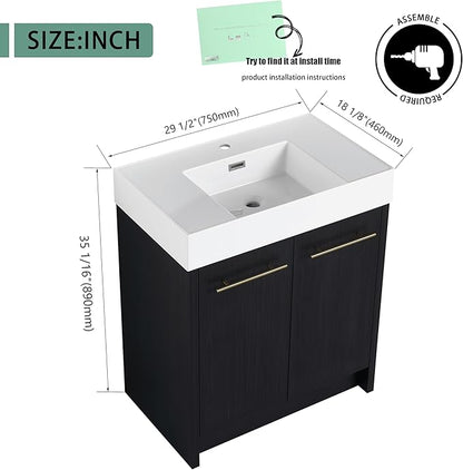 30 Inch Freestanding Bathroom Vanity,30" Bathroom Vanity with Sink,Modern Single Sink Bathroom Vanity Combo,Black Floor Stand Cabinet Set