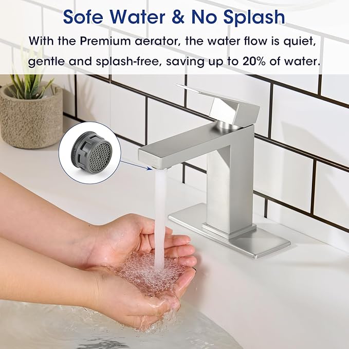 Brushed Nickel Bathroom Faucet, Stainless Steel Vanity Bathroom Sink Faucet with Pop Up Drain Stopper and Water Hoses, Easy to Install Bathroom Faucet 1 Hole for Bathroom Sink, Vanity, RV