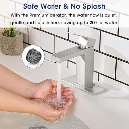 Brushed Nickel Bathroom Faucet, Stainless Steel Vanity Bathroom Sink Faucet with Pop Up Drain Stopper and Water Hoses, Easy to Install Bathroom Faucet 1 Hole for Bathroom Sink, Vanity, RV