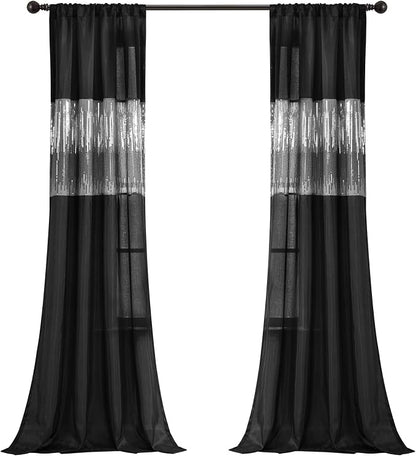 Lush Decor Night Sky Window Curtain Panel, Single 42"W x 95"L Black - Sequin Backdrop Curtain - Room Darkening Curtains For Bedroom - Glam Decor
