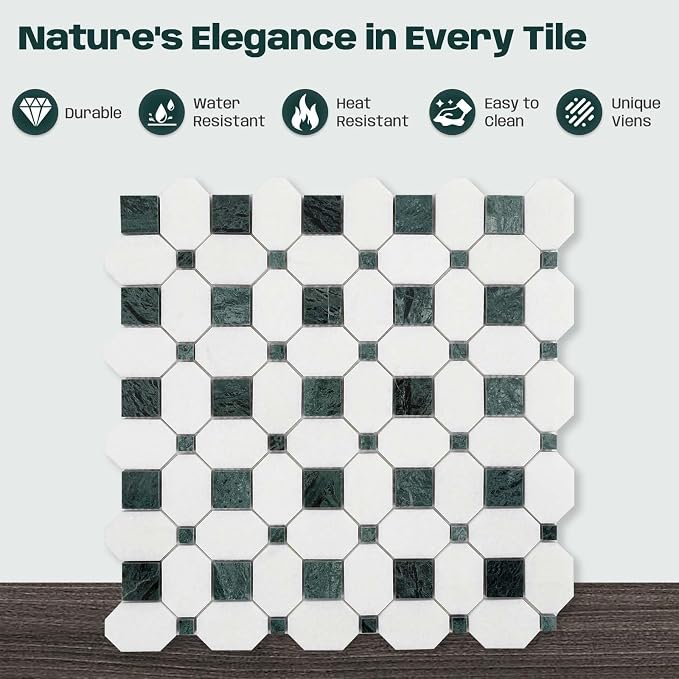 2 Inch Long Octagon Marble Mosaic Tile for Wall Floor, 5 Sheets | Water & Heat Resistant Polished Marble Backsplash Tiles for Kitchen Bathroom Fireplace Durable, Thassos+Medium Green, 5SQFT