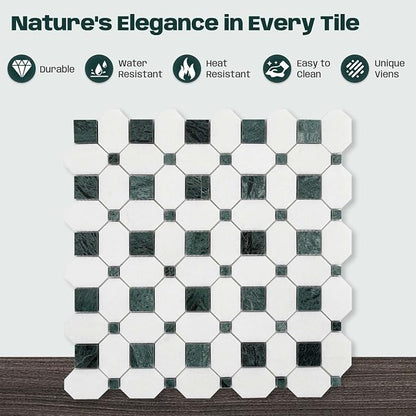 2 Inch Long Octagon Marble Mosaic Tile for Wall Floor, 5 Sheets | Water & Heat Resistant Polished Marble Backsplash Tiles for Kitchen Bathroom Fireplace Durable, Thassos+Medium Green, 5SQFT