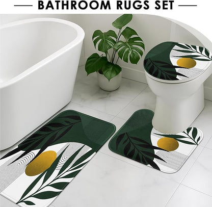 Bathroom Sets with Shower Curtain and Rugs, 4 Pcs, Boho Leaves | Minimalist Modern Abstract Bathroom Decor Set with Toilet Lid Cover, Non-Slip Bath Mats and Accessories 12 Hooks