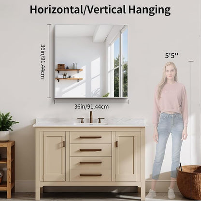 YIROMAN Bathroom Mirror 36"x36",Brushed Silver Bathroom Mirror for Over Sink with Aluminum Frame, Square Vanity Mirror with Right Angle, Wall Mirror Hangs Horizontal or Vertical