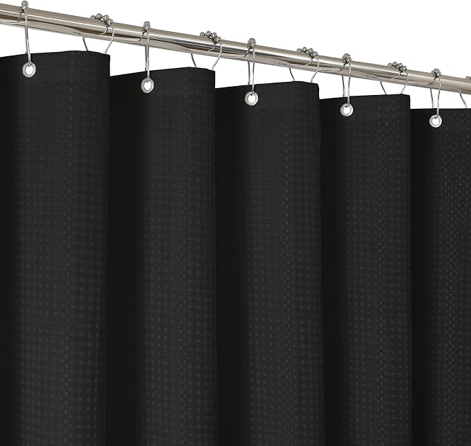 2-in-1 Waterproof Fabric Shower Curtain - No Separate Liner Needed, Hotel-Style Waffle Weave, Effortless Cleaning & Washable Bathroom Shower Curtain Set,72Wx72H,Black