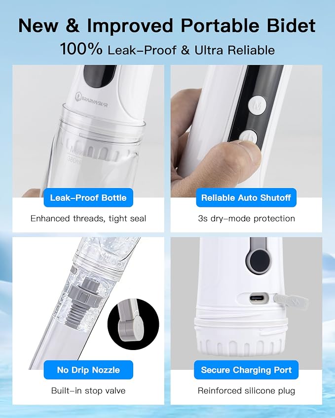 Portable Bidet for Travel, 800mAh Electric Handheld Bidet with 380ml Bottle | Rechargeable Handheld Bidet Sprayer, Peri Bottle for Women & Men, Works with Warm Water, Personal Hygiene Care
