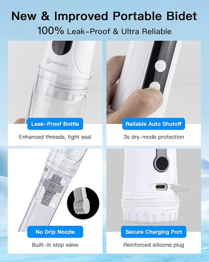 Portable Bidet for Travel, 800mAh Electric Handheld Bidet with 380ml Bottle | Rechargeable Handheld Bidet Sprayer, Peri Bottle for Women & Men, Works with Warm Water, Personal Hygiene Care