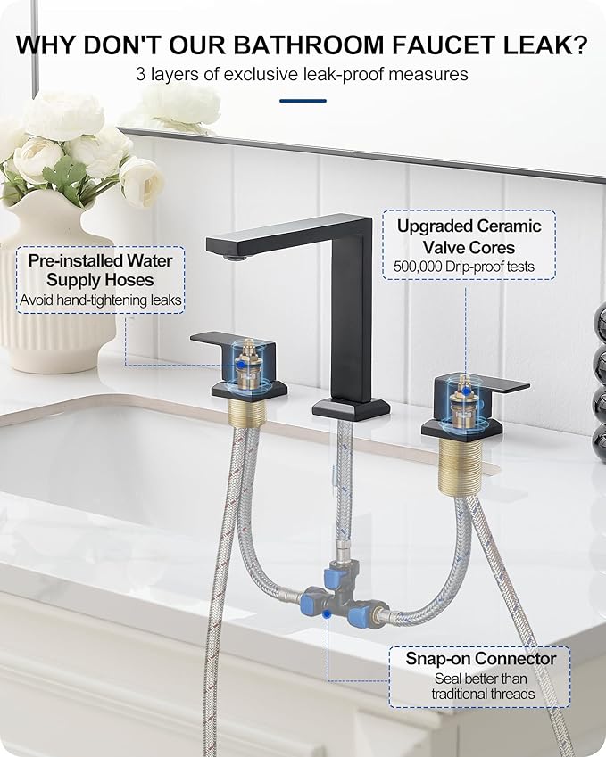 Matte Black Bathroom Sink Faucet 3 Hole, Brass 8 Inch Widespread Bathroom Faucet 2 Handle with Pre-Installed cUPC Supply Lines & Pop-up Drain for Vanity, Restroom, 10 Mins Quick Installation