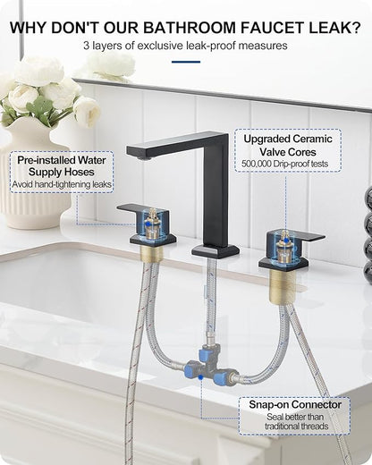 Matte Black Bathroom Sink Faucet 3 Hole, Brass 8 Inch Widespread Bathroom Faucet 2 Handle with Pre-Installed cUPC Supply Lines & Pop-up Drain for Vanity, Restroom, 10 Mins Quick Installation