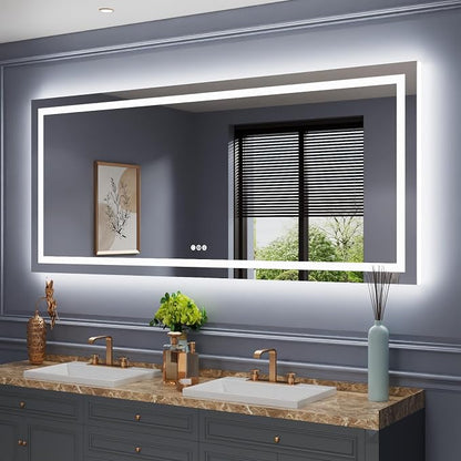 LED Bathroom Mirror, 88"X38" with Front Light and Backlit | Stepless Dimmable, Anti-Fog, Shatter-Proof, HD Reflection, Memory, 3 Colors Lighting, UL Listed.