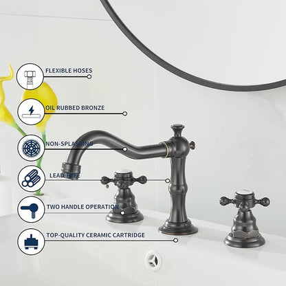 2 Handles 3 Holes Faucet Widespread Bathroom Sink Faucet Oil Rubbed Bronze Basin Tap Mixer Supply Hose Included Matching Pop Up Drain
