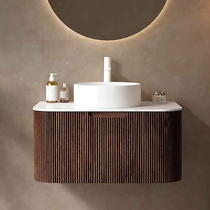 Yayzy 30" Floating Bathroom Vanity with Sink, Solid Wood Fluted Cabinet, White Round Ceramic Basin & Faux Marble Top, Soft-Close Drawer, Pre-Assembled, Walnut Woodgrain