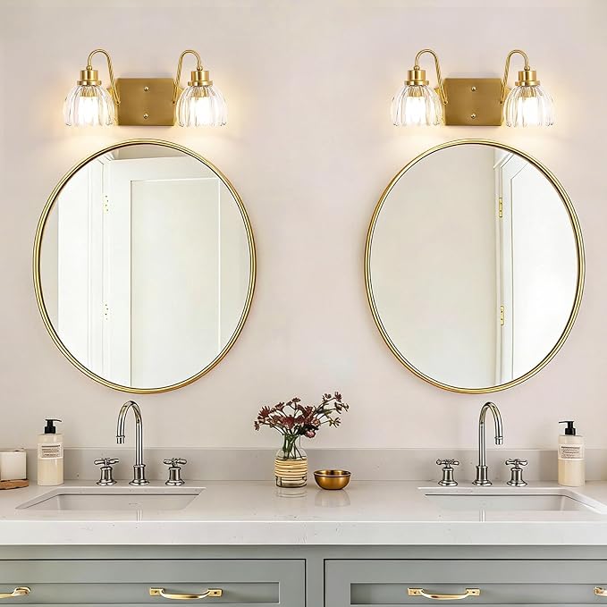 2-Light Bathroom Vanity Light, Gold Vanity Light, Antique Brass Sconces with Tulip Glass Shade, Mid Century Hardwired Wall Sconces for Bedroom, Living Room, Hallway