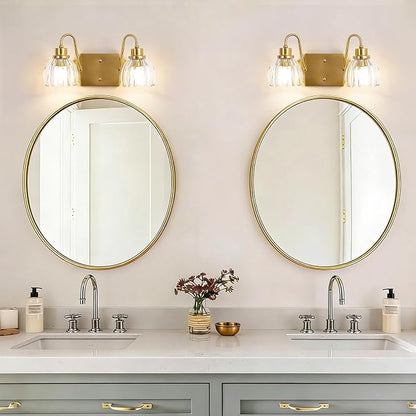2-Light Bathroom Vanity Light, Gold Vanity Light, Antique Brass Sconces with Tulip Glass Shade, Mid Century Hardwired Wall Sconces for Bedroom, Living Room, Hallway