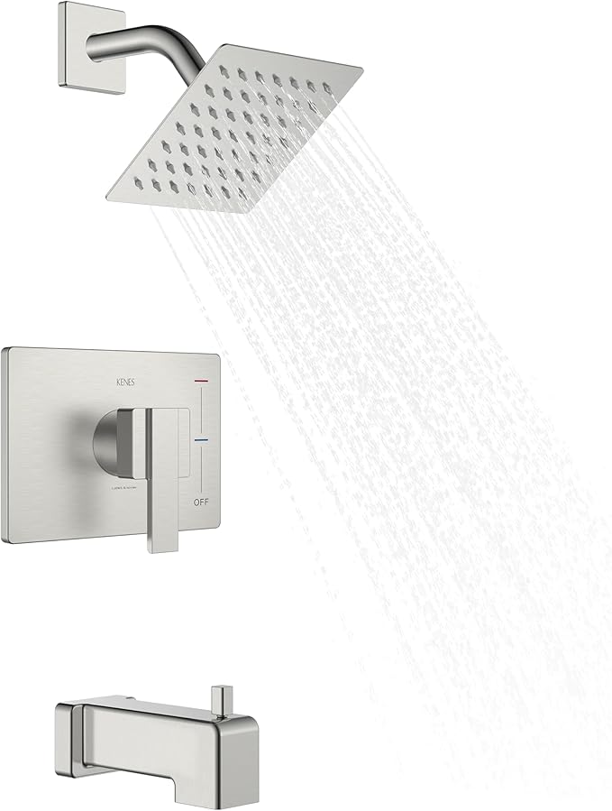 KENES Shower Set with Tub Faucet, Brushed Nickel Tub and Shower Trim Kit | Shower Faucet with 6-Inch Rain Shower Head, Square Shower System, Valve Included, Lead-Free cUPC & NSF Certified, Stainless
