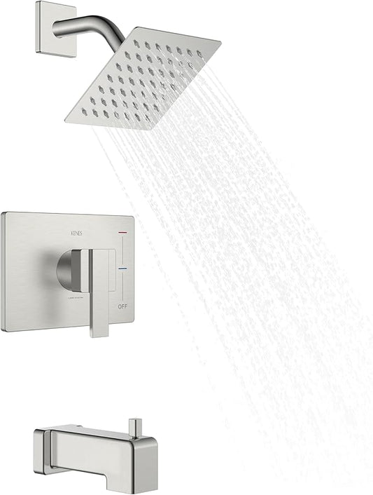 KENES Shower Set with Tub Faucet, Brushed Nickel Tub and Shower Trim Kit | Shower Faucet with 6-Inch Rain Shower Head, Square Shower System, Valve Included, Lead-Free cUPC & NSF Certified, Stainless