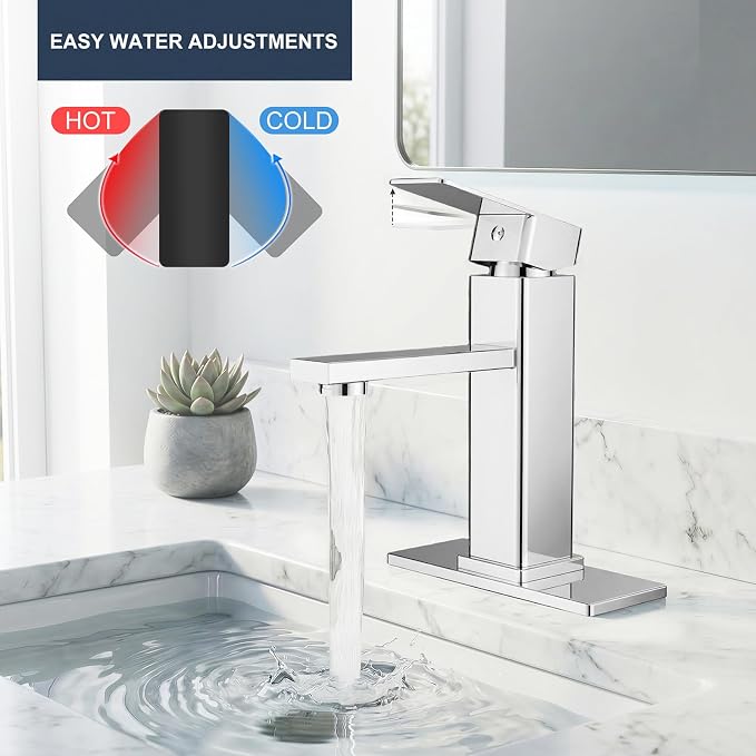 Chrome Bathroom Faucet with Pop-Up Drain | Single Handle Bathroom Sink Faucet with Deck Plate, Suitable for RV, Farmhouse, Vanity Sinks, 1 or 3 Hole Installation