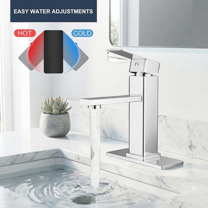 Chrome Bathroom Faucet with Pop-Up Drain | Single Handle Bathroom Sink Faucet with Deck Plate, Suitable for RV, Farmhouse, Vanity Sinks, 1 or 3 Hole Installation