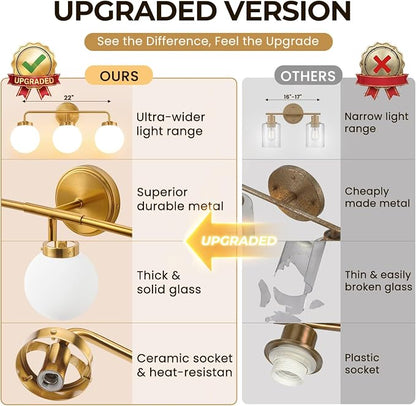 Modern Brushed Gold Vanity Lights for Bathroom, Mid Century 3 Light Bathroom Vanity Light with Globe Milky White Glass Shade Over Mirror, Brass Wall Sconce for Bathroom Hallway Living Room Bedroom