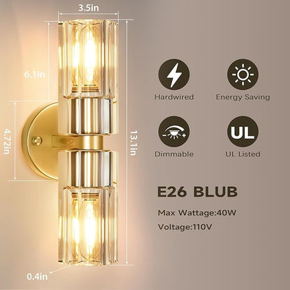Gold Wall Sconce, Modern Bathroom Sconces Wall Lighting Vanity Light Fixtures with Clear Crystal, Hardwired Brushed Brass Wall Mount Lights for Living Room Corridor Mirror Bedroom Stairs