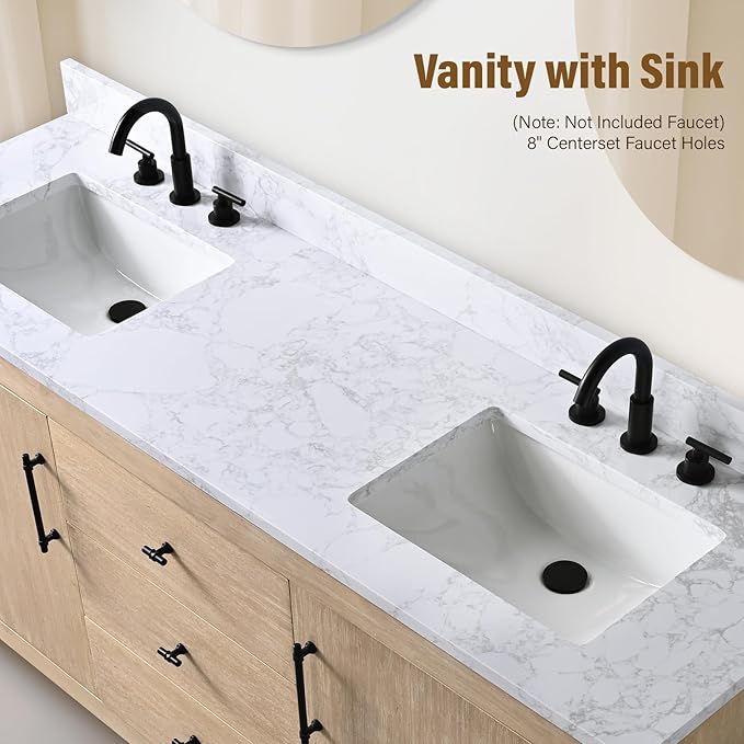 HOMEBEYOND 72 Inch Bathroom Vanity with Double Sink & Ceramic Top, MDF Material Vanity Cabinet with Basin Combo, Soft-Closing Doors, Removable Shelf, Backsplash