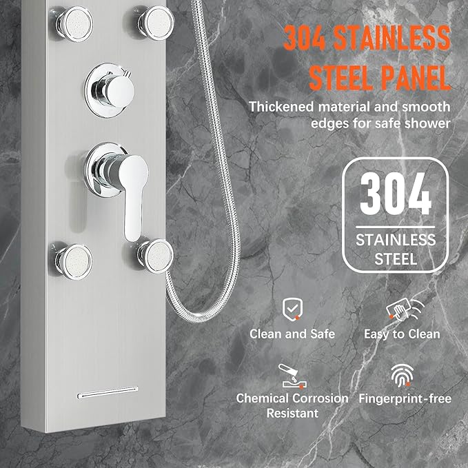 Fuz LED Shower Panel Tower System, 5 Function Stainless Steel Brushed Nickel Shower Tower with Rainfall Shower Head and Handheld, 4 Body Jets and Waterfall Tub Spout, High Pressure Shower Column
