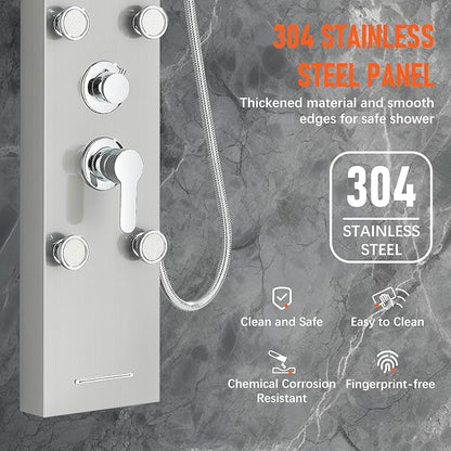 Fuz LED Shower Panel Tower System, 5 Function Stainless Steel Brushed Nickel Shower Tower with Rainfall Shower Head and Handheld, 4 Body Jets and Waterfall Tub Spout, High Pressure Shower Column