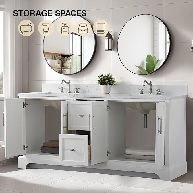 HOMEBEYOND 72 Inch Bathroom Vanity with Double Sink & Ceramic Top, Vanity Cabinet with Center Countertop Basin, Soft-Closing Doors, Backsplash, White