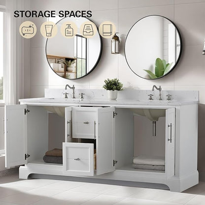 HOMEBEYOND 72 Inch Bathroom Vanity with Double Sink & Ceramic Top, Vanity Cabinet with Center Countertop Basin, Soft-Closing Doors, Backsplash, White