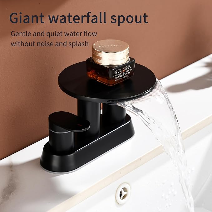 Matte Black Bathroom Sink Faucet, 4 Inch Waterfall Centerset | 3 hole bathroom faucet, two handle vanity fixture, round storage shelf, metal pop-up drain, vanity remodel installation