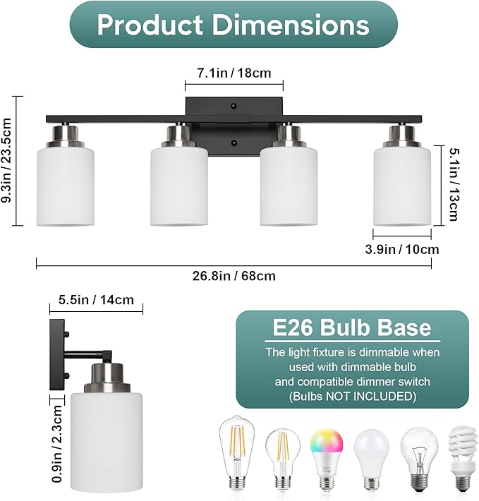 Ascher Bathroom Light Fixtures, 4-Light Vanity Light Over Mirror, Black and Nickel Wall Sconces with Milky White Frosted Glass Shades, Wall Lamp for Living Room Bedroom, E26 Base(Bulbs Not Included)