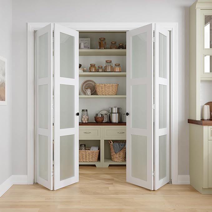 Bifold Doors for 72" x 80-3/4" Opening, 3-lite Tempered Frosted Glass Closet Folding Doors with Hardware kit Included, Easy Assembly, White | Closet Folding Doors with Hardware kit Included, Easy Assembly for Pantry Closet, White,Water-Proof PVC Surfac...