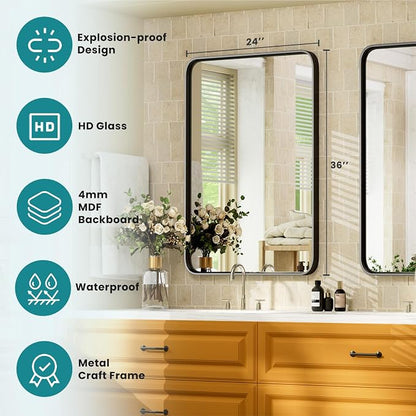 NEWBULIG Bathroom Mirror for Over Sink, 30X40 Inch Wall Vanity Mirror | Wall Mount, Tempered Glass, Anti-Rust Metal Framed, Rounded Rectangle, Farmhouse Home Decor, Black