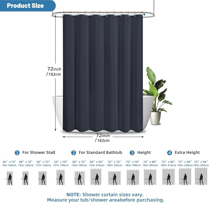 2-in-1 Waterproof Fabric Shower Curtain - No Separate Liner Needed, Hotel-Style Waffle Weave, Effortless Cleaning & Washable Bathroom Shower Curtain Set,72Wx72H,Navy Blue