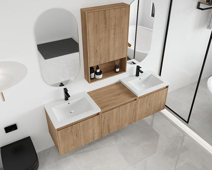 72'' Floating Bathroom Vanity with Double Sink, and 1 Side Cabinet, Brown | Double Sink Combo with 24" Side Cabinet, Plywood Cabinet, Resin Basin, Ample Storage, Soft-close Hinge, Assembly Required