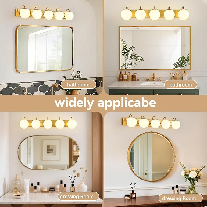 5 Lights Vintage Bathroom Vanity Light Fixtures Over Mirror, Brushed Gold Vanity Lights For Bathroom With Milk White Glass Globe Shade, Wall Lights For Bedroom, Hallway, Dressing Table(G9 Incl.)
