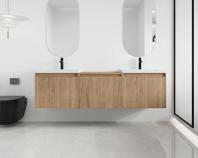Malwee 72'' Floating Bathroom Vanity with Double Sink, Brown | Wall Mounted Double Sink Combo, Plywood Cabinet, Resin Basin, Ample Storage, Soft-close Hinge, Assembly Required