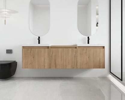 Malwee 72'' Floating Bathroom Vanity with Double Sink, Brown | Wall Mounted Double Sink Combo, Plywood Cabinet, Resin Basin, Ample Storage, Soft-close Hinge, Assembly Required
