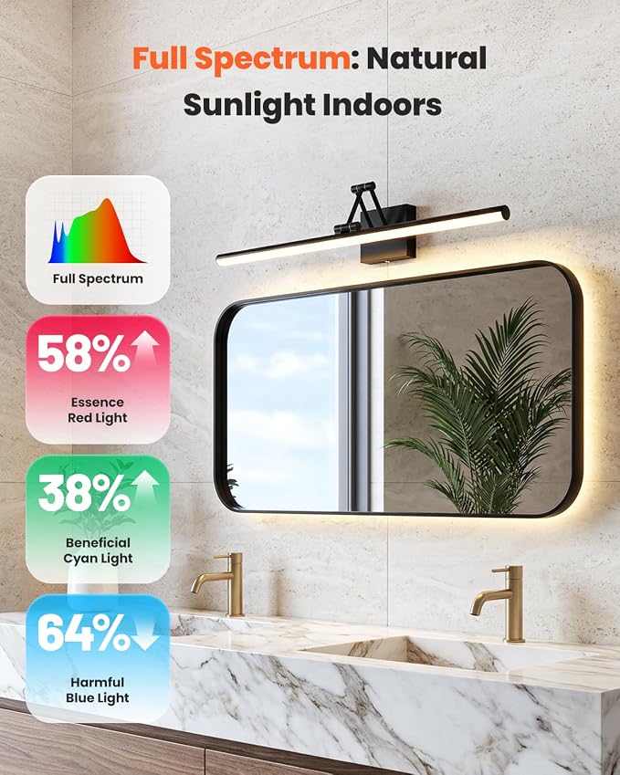 Black Bathroom Vanity Light Fixtures, Morden Vanity Lights with LED Lighting Bar, 5CCT&Dimmable Wall Sconce Lamp,16IN Rotatable Bathroom Light Fixture Over Small Mirror For Restroom Bedroom-ETL
