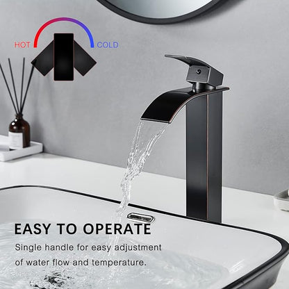 VOTON Vessel Sink Faucet Oil Rubbed Bronze Modern Tall Waterfall Bathroom Sink Faucet Single Handle Bathroom Faucet 1 Hole Bowl Lavatory Vanity Faucet, Rv Sink Camper Farmhouse Bathroom Faucet
