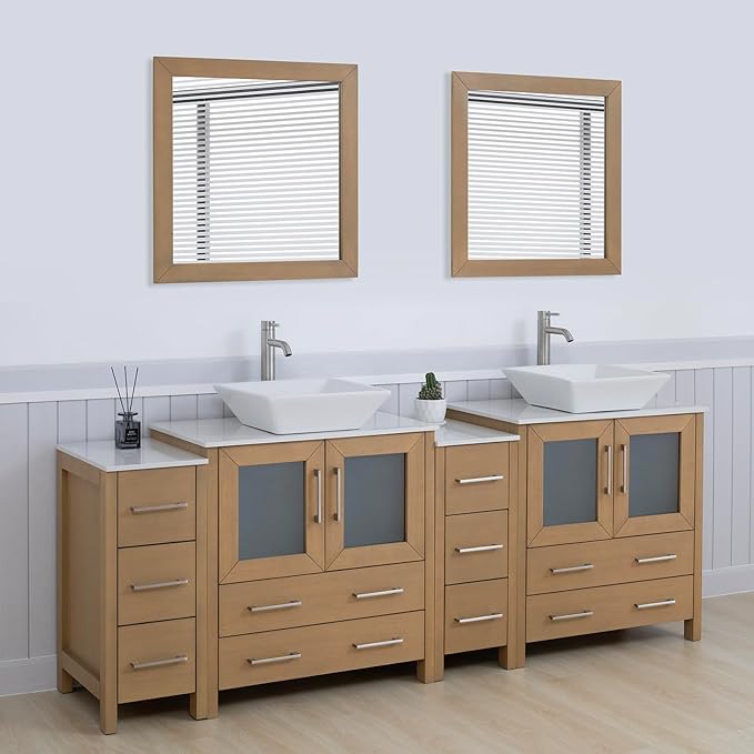 Vanity Art 84 Inch Vessel Double Sink Bathroom Vanity Cabinet with 2 Mirrors, Engineered Marble Top Bathroom Cabinet Compact Set with 10 Dovetail Drawers and Soft Closing Doors, VA3130-84NO