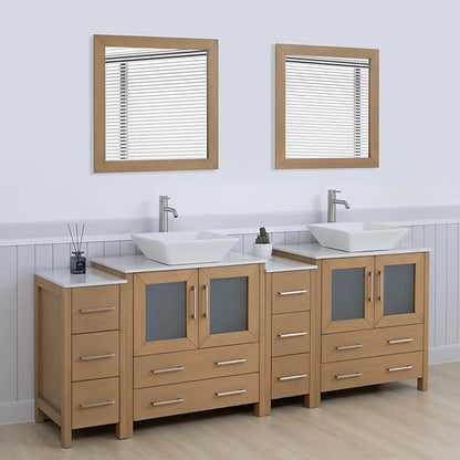 Vanity Art 84 Inch Vessel Double Sink Bathroom Vanity Cabinet with 2 Mirrors, Engineered Marble Top Bathroom Cabinet Compact Set with 10 Dovetail Drawers and Soft Closing Doors, VA3130-84NO