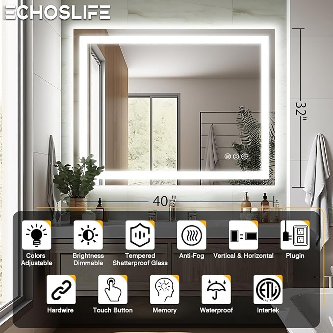 EchosLife 40"x32" LED Bathroom Mirrors for Wall | Backlit + Front Lit, Anti-Fog, Stepless Dimmable, 3 Colors, Memory, Tempered Glass, UL Listed, Horizontal/Vertical