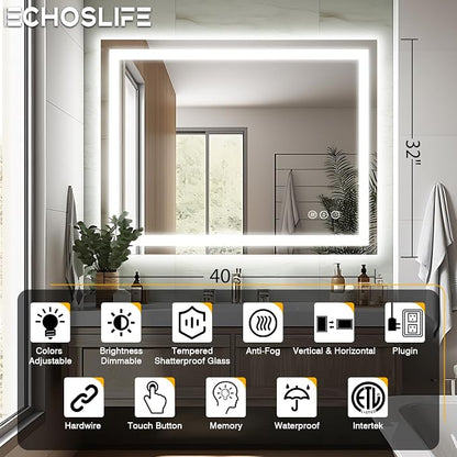 EchosLife 40"x32" LED Bathroom Mirrors for Wall | Backlit + Front Lit, Anti-Fog, Stepless Dimmable, 3 Colors, Memory, Tempered Glass, UL Listed, Horizontal/Vertical
