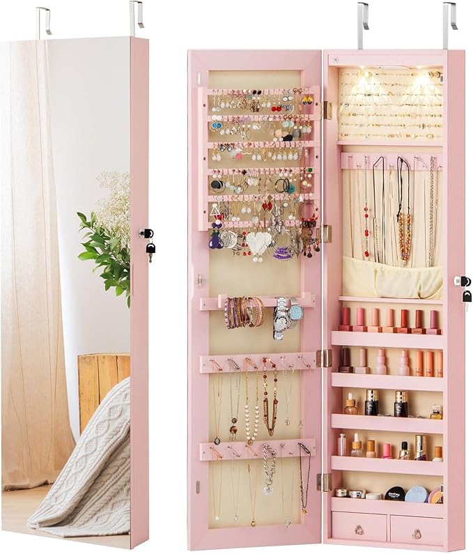 LOKO Mirrored Jewelry Armoire, Wall/Door Mounted Jewelry Cabinet with Full-Length Mirror, Lockable Jewelry Storage Organizer with 2 Drawers & 2 LED Lights, for Girls Women Gift Bedroom (Light Pink)