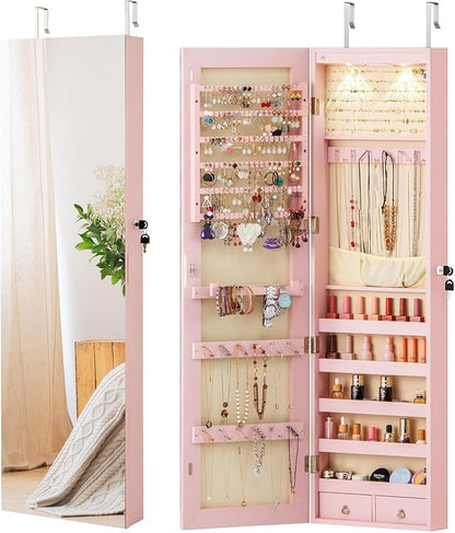 LOKO Mirrored Jewelry Armoire, Wall/Door Mounted Jewelry Cabinet with Full-Length Mirror, Lockable Jewelry Storage Organizer with 2 Drawers & 2 LED Lights, for Girls Women Gift Bedroom (Light Pink)
