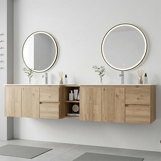 84"Modern Floating Double Sink Bathroom Vanity, Wall Mounted Bathroom Cabinet with U-Shaped Drawers, Beveled Invisible Handles Open Side Shelf, FSC Certified Wood Veneer (Wood color, 84 lnch)