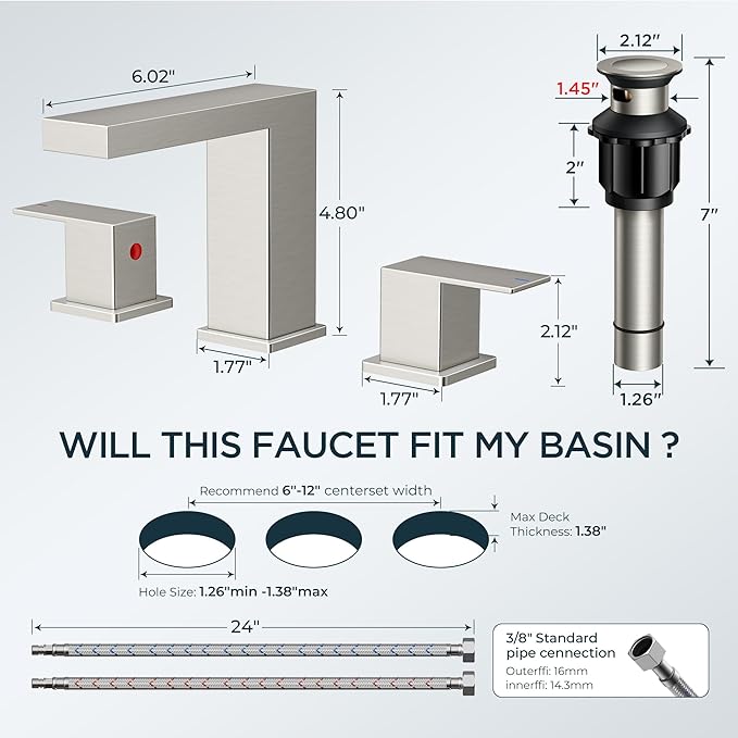 FORIOUS 8 in Brushed Nickel Bathroom Faucet 3 Holes, Two Handle Triphil Brushed Nickel Bathroom Sink Faucet Waterfall with Metal Pop-Up Drain and cUPC Hose for Restroom, Lavatory, Vanity